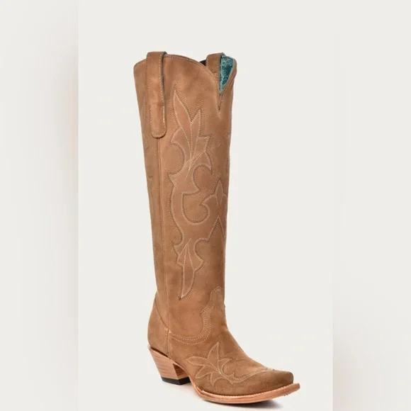 Corral Embroidery Suede Tall Top Snip Toe Cowboy Boot - Picture 2 of 16